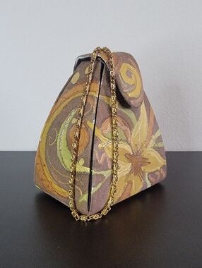 Vintage Painted Floral Pyramid Bag with Gold Chain